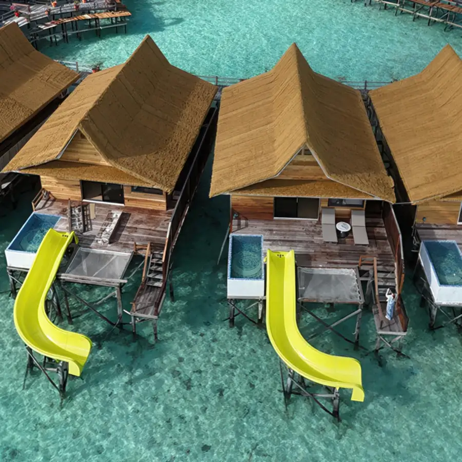A scenic drone view of a chalet at Jelly Sea Resort, an overwater resort in the Celebes Sea.