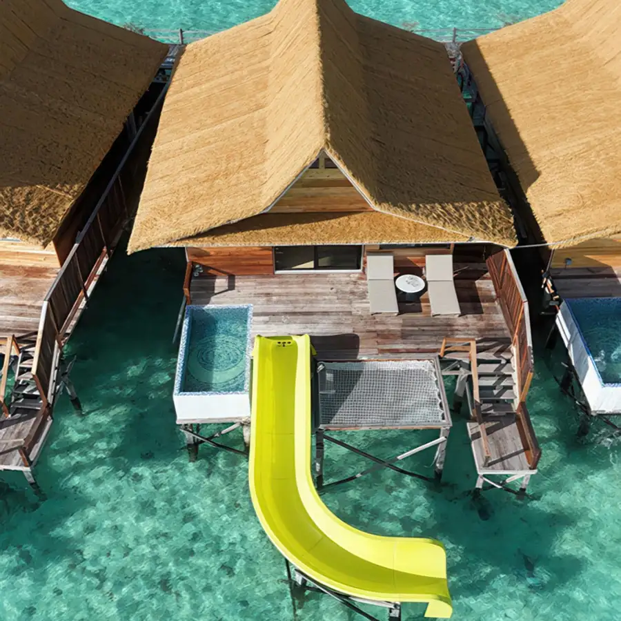 A beautiful drone view of a chalet at Jelly Sea Resort, a floating resort in the Celebes Sea.